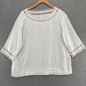 J Jill Top Womens Small White Love Linen Crochet Neck 3/4 Sleeve Blouse Pullover